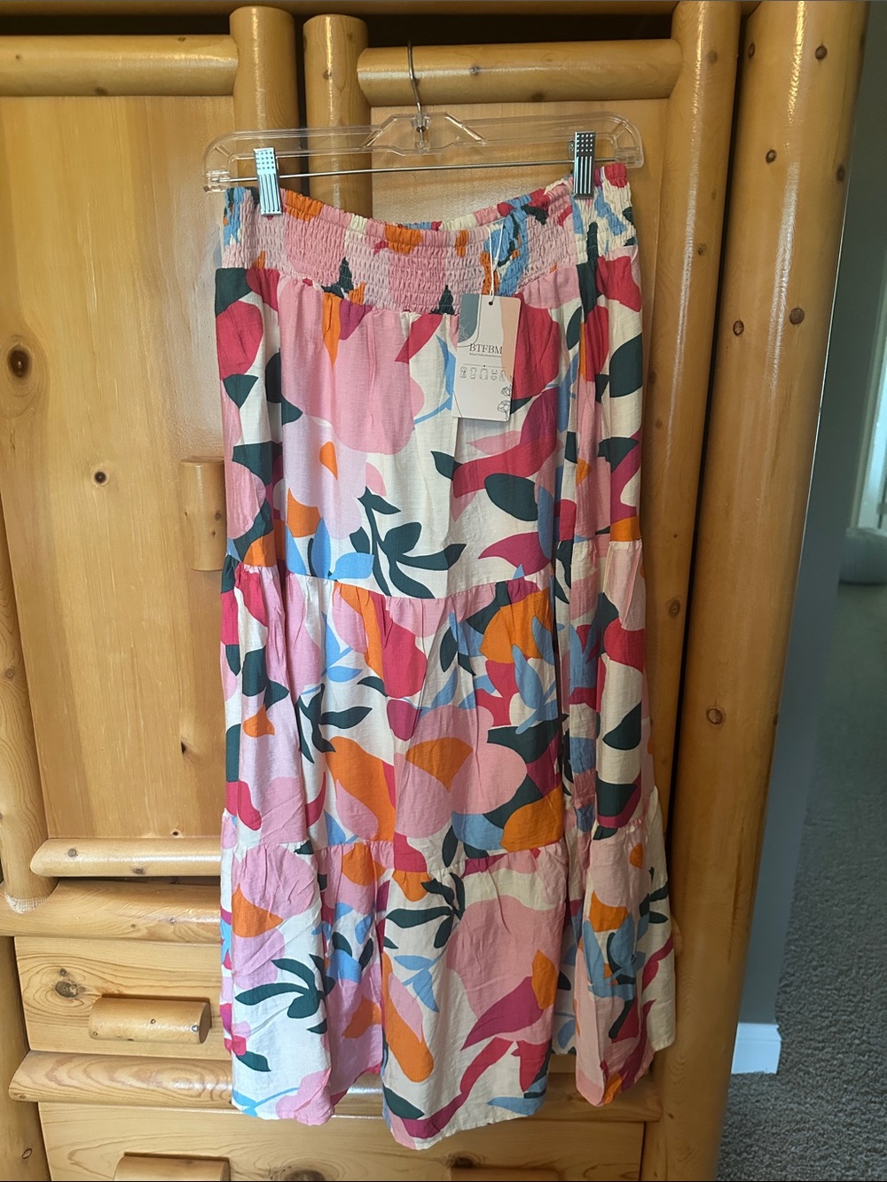 Tiered Maxi Skirt with Elastic Waist in Pink Floral Print